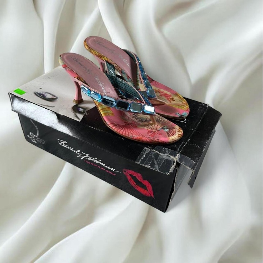 Beverly Feldman thong sandal kitten heels pink tropical print y2k preppy fairy